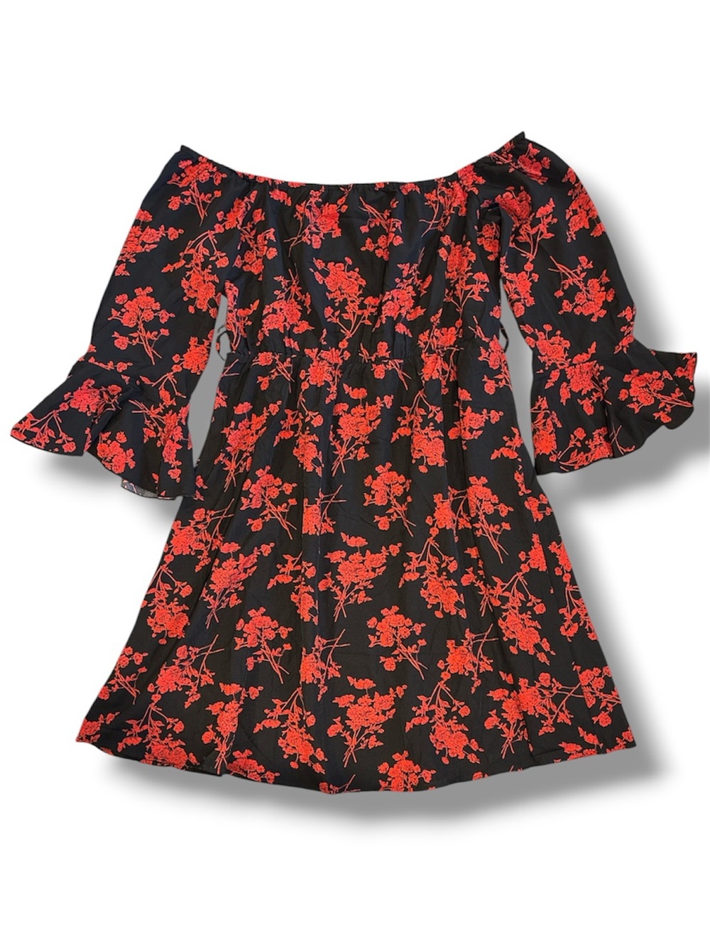 JECEIKA Floral Off The Shoulder Mini Dress Large Red Black Bell Sleeve Romantic